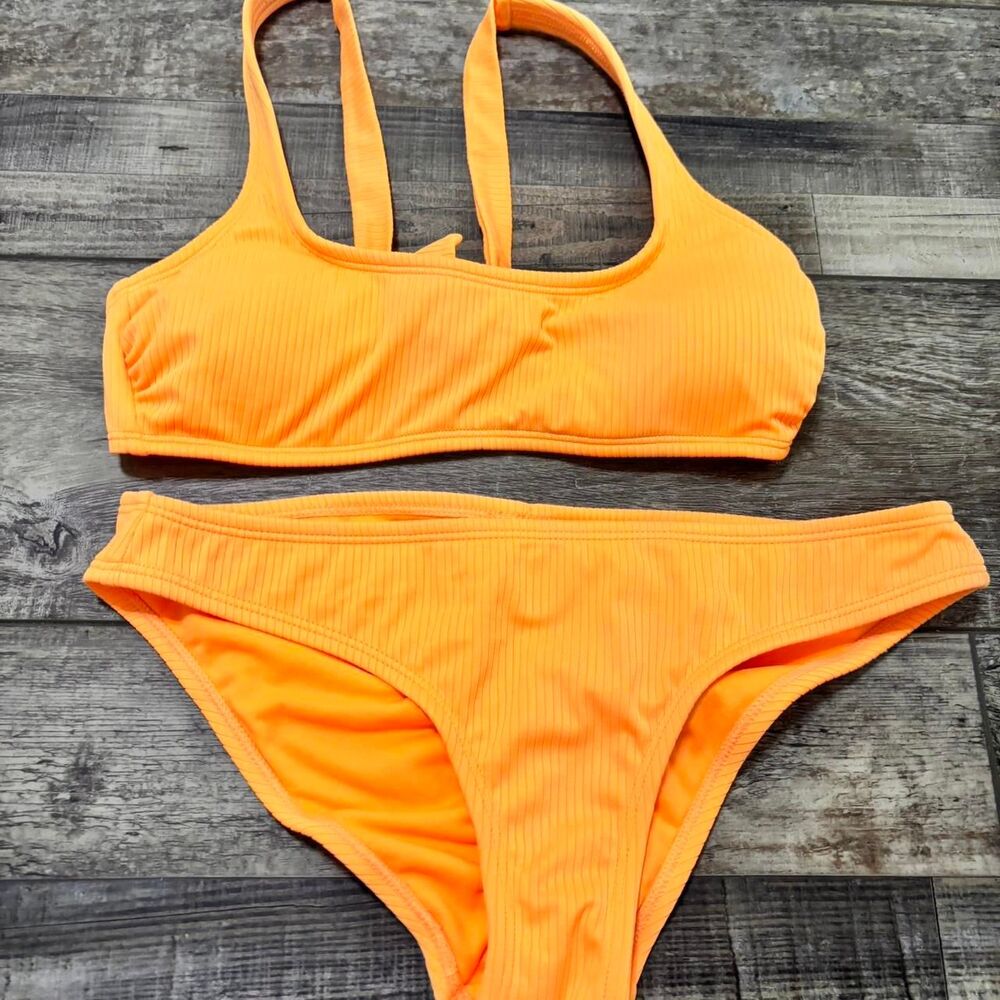 TARGET Ribbed Tie Swimwear Medium Women's Vacation Ruched Orange Bikini Set